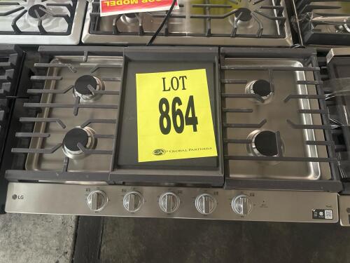 LG CBGJ3627S 36" Gas Cooktop featuring 5 sealed burners, including a 22,000 BTU UltraHeat&trade; dual burner, continuous cast-iron grates, EasyClean&reg; stainless steel surface, Wi-Fi connectivity via ThinQ&reg; app, Serial Number: 303KMVP0L047.