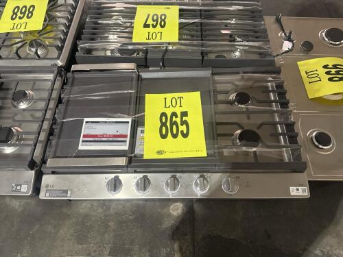 LG 36" gas cooktop CBGJ3627S with 5 burners, high-output 22,000 BTU center burner, electric ignition, convertible for natural gas or LP, manufactured August 2024, 120V power, CSA certified, dimensions 36" x 21.7" x 3.75" (91.4 cm x 55.1 cm x 9.5 cm), weig