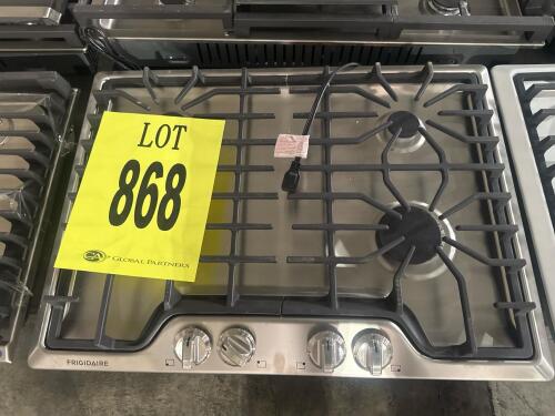 Frigidaire 30" Gas Cooktop, Model FFGC3026SSF, Stainless Steel, featuring 4 sealed burners including a 15,000 BTU Quick Boil Burner and a 5,000 BTU Simmer Burner, continuous cast iron grates, angled front control knobs, electronic pilotless ignition, Seri