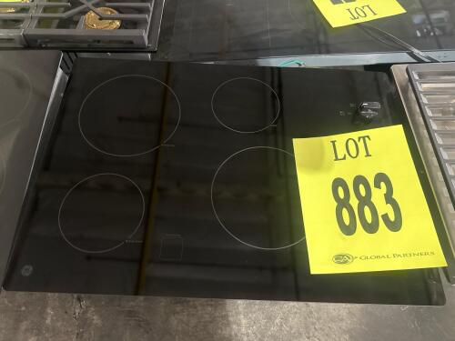 GE JP3030DJ3BB 30" Electric Cooktop with 4 radiant burners and a black glass-ceramic surface, front control knobs, dimensions 29.88" x 21.5" x 4.19", 240V/208V, assembled in the USA, power rating 7.4 kW/5.6 kW, CAN/CSA C358-03 and UL listed, serial number