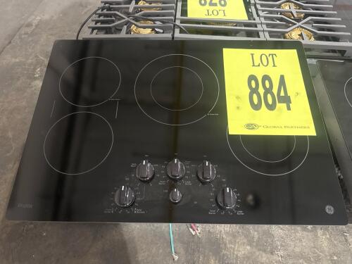 GE Profile 30" Electric Cooktop, Model PP7030DJBB, featuring 5 burners, knob control, black glass surface, 9"/6" Power Boil Element (3,100W), 8"/5" Dual Element (2,200W), SyncBurners (Two 7" elements),. Serial Number: ST021355Q.