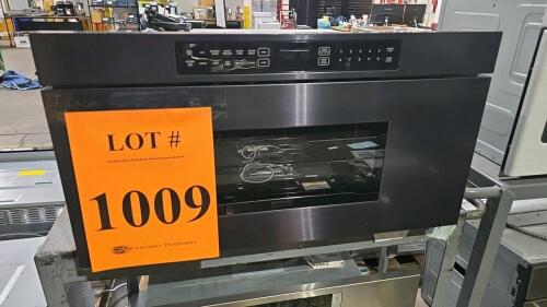 Dacor DMR30M977VWM built-in microwave oven, 1.2 cu ft capacity, 950W power, 120V/60Hz, 29.8"x23"x15.9", 80 lbs, 14.2" turntable, stainless steel finish, sensor cooking, child lock, auto defrost, manufactured October 2020, serial number X-E-20421095.