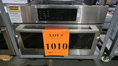 Bosch HSLP451UC/01 Steam Convection Oven, featuring a 1.4 cubic foot capacity, stainless steel finish, 240/208V operation, includes wire rack, perforated cooking pans (full and half size), and baking tray, with Steam &amp; Convection cooking modes, color 