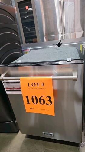 THOR Kitchen HDW2401SS 24" Built-In Dishwasher, 14 place settings, Energy Star, 45 dBA, 6 wash cycles, delay start, smart wash system, stainless steel tub, dimensions: 23.875" x 26.5" x 33.75", 120V AC, 8.4A, manufactured in China, Serial No: HDW2401SS220