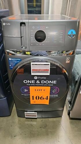 GE Profile PFQ97HSPV0DS 4.8 cu ft front load washer dryer combo, featuring electronic touch controls, built-in WiFi, spin speed up to 1300 RPM, 28" W x 32" D x 46.7" H, 232 lbs, ENERGY STAR&reg; certified, 120V power requirements, Sapphire Blue finish, Serial