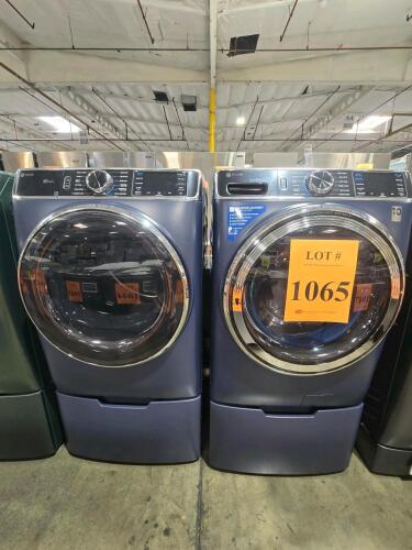 GE Profile washer PFW870SPV0RS and electric dryer PFD87GSPV0RS, 5.3 and 7.8 cu ft capacity, Sapphire Blue, front load design, UltraFresh Vent System+, Microban&reg;, SmartDispense&trade;, Steam Sanitize, Energy Star, WiFi smartphone features, both with pedestal bas