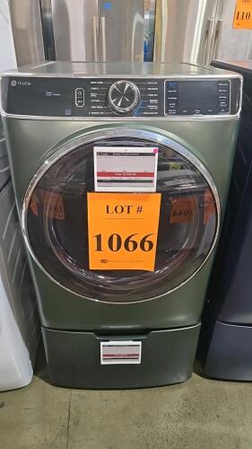 GE Profile 7.8 cu. ft. Capacity Smart Front Load Gas Dryer in Jade Green, featuring Steam Sanitize, Washer Link, Adaptive MySettings, Smart Features Powered by SmartHQ, SmartHQ Assistant, Quick Dry, Reduce Static, Wrinkle Care, Damp Alert, Check Vent Noti