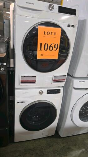 Samsung compact stackable front load washer and heat pump dryer set, 2.5 cu ft washer, 4.0 cu ft dryer, Super Speed Wash, AI Smart Dial, Wi-Fi connectivity, Energy Star certified, sensor dry, stainless steel drums, washer model WW25B6900AW, dryer model DV