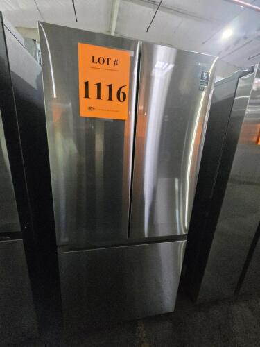 Samsung RF18A5101SR French Door Refrigerator, 17.5 cu.ft, Stainless Steel, 32"x28"x70", manufactured in September 2021, Energy Star certified, automatic defrost, three-door configuration, spill-proof glass shelves, humidity-controlled crispers, adjustable