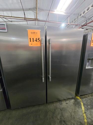 Frigidaire Professional 19 cu. ft. stainless steel side-by-side single-door refrigerator FPRU19F8WF1and freezer FPFU19F8WF4, manufactured in 2021, NSF and CSA certified, right/left swing doors, automatic defrost, 115V, adjustable shelves, humidity-control