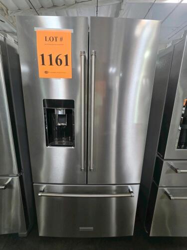 The KitchenAid KRFC704FPS05 is a premium French door refrigerator with 23.8 cu. ft. capacity, stainless steel PrintShield&trade; finish, bottom freezer, and advanced food preservation features including the Preserva&reg; Food Care System, panoramic LED lighting, an