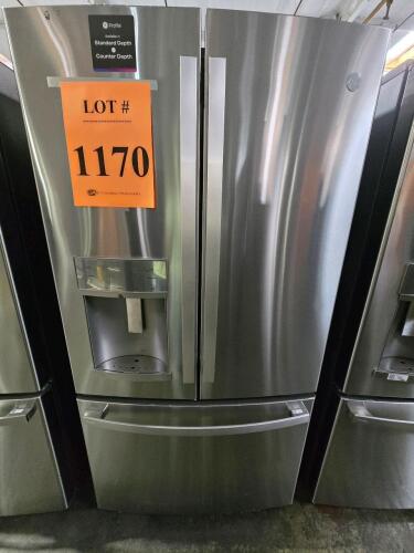 GE Profile PYE22KYNJFS Counter-Depth French Door Refrigerator, 22.1 cu ft total capacity, 15 cu ft refrigerator, 7.2 cu ft freezer, 35.75" W x 30.25" D x 69.875" H, 333 lbs, 115V/60Hz, icemaker, automatic defrost, fingerprint resistant stainless steel, Tw