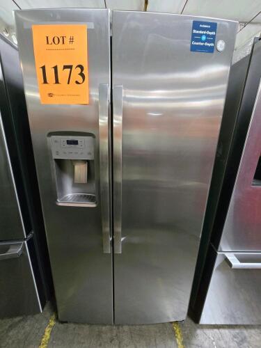 GE GZS22IYNPHFS 21.8 cu. ft. side-by-side refrigerator in fingerprint resistant stainless steel, features include auto defrost, factory-installed ice maker, water dispenser, LED lighting, adjustable shelves, door alarm, Energy Star rating, R134A refrigera