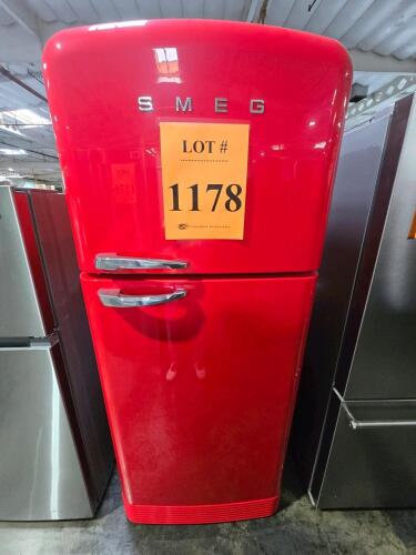 Smeg FAB50URRD3 Freestanding Top-Mount Refrigerator-Freezer, 19.3 cu. ft., Red, featuring an automatic ice maker, inverter compressor, No Frost system, LED interior lighting, MultiFlow cooling system, fast-freezing compartment, electronic temperature cont