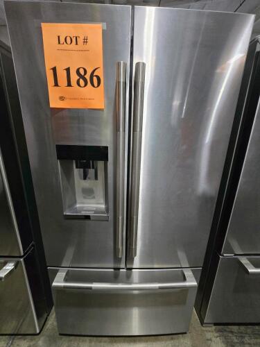 Jenn-Air 21.9 cu. ft. built-in French door refrigerator, model JFCC72EHL01, features automatic ice maker, interior water dispenser, adaptive defrost, glass shelves, crisper and deli drawers, LED lighting, 115V operation, panel-ready design for custom kitc