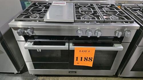 Miele HR1956-3G DFGD 48" Dual Fuel Range featuring 6 gas burners (3 x 19,500 BTU, 1 x 13,600 BTU, 2 x 10,000 BTU), 13,000 BTU griddle, Speed Oven with microwave functionality, Moisture Plus for enhanced baking and roasting, Wireless Precision Probe, multi