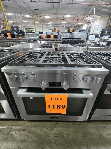 Miele HR1134-3G AG 36-inch All Gas Range featuring 6 powerful burners, 5.76 cu ft oven capacity, TwinPower dual convection fans, DirectSelect controls, self-cleaning oven, dishwasher-safe ComfortClean grates, Clean Touch Steel finish, SoftClose oven door.