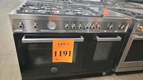 Bertazzoni PROF486GGASNET 48" Freestanding Gas Range featuring 6 brass burners, double oven (main: 4.7 cu.ft, auxiliary: 2.4 cu.ft), electric griddle, dual convection fans, soft-close oven doors, continuous cast iron grates, edge-to-edge tempered glass ov
