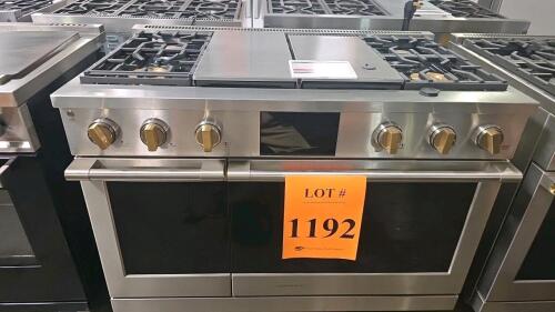 Monogram ZDP484NGT1SS 48" Dual-Fuel Professional Range featuring 4 burners, grill, griddle, dual ovens (5.75 cu ft Caterer Oven / 2.5 cu ft Everyday Oven), stainless steel finish, diecast metallic knobs with brass accents, built-in WiFi powered by SmartHQ