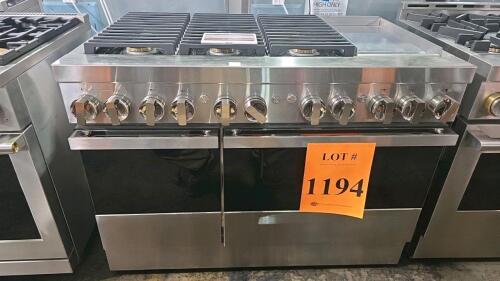 JennAir JDRP548HM00 48" Dual-Fuel Professional Range featuring 6 burners, a chrome-infused griddle, dual-fan true convection oven, halo-effect knobs, and a smooth close door. Serial Number: D92114399. $14,399