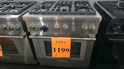 Thermador PRG305WH 30" Pro Harmony Gas Range featuring 5 patented Star burners, ExtraLow simmering capabilities, 4.4 cu. ft. convection oven, QuickClean Base, telescopic racks, stainless steel finish, and 120V power requirement. Serial Number: 39902029583