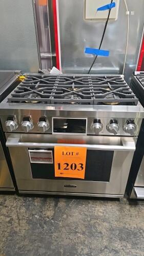 Signature Kitchen Suite 36-inch gas pro range/oven, model SKSGR360S/00, featuring 6 sealed burners, Wi-Fi connectivity, self-cleaning mode, and Smart Knobs&trade; control. Manufactured in Changwon, South Korea. RETAIL: $7899Serial Number: 207KMRX0E646