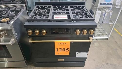 Thor Kitchen RSG36B 36-inch natural gas range with 6 burners, 6.0 cu. ft. convection oven, stainless steel finish. Burner outputs: 1 @ 18,000 BTU, 2 @ 15,000 BTU, 2 @ 12,000 BTU, 1 @ 9,000 BTU; oven burners: lower 22,000 BTU, top 13,500 BTU; total BTU: 11