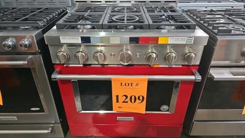 KitchenAid 36'' Smart Commercial-Style Gas Range with 6 Burners in Passion Red, featuring Even-Heat&trade; True Convection, Smart Appliance with Wi-Fi Connectivity, two 20,000 BTU Ultra Power&trade; Dual-Flame Burners, three-level convertible grates, 5,000 BTU Simmer