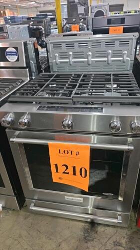 KitchenAid KSGG700ESS0 30" Slide-In Gas Range featuring a 5.8 cu. ft. Even-Heat&trade; True Convection oven, 5 sealed burners (17,000 BTU left front, 15,000 BTU right front, 9,200 BTU right rear, 5,000 BTU left rear, 8,000 BTU center), AquaLift&reg; Self-Cleaning T