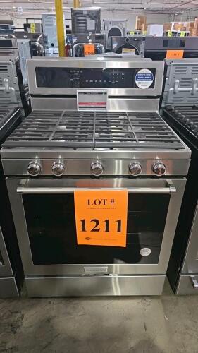 KitchenAid 30-Inch 5-Burner Gas Convection Range, Model KFGG500ESS2, featuring Even-Heat&trade; True Convection, AquaLift&reg; Self-Cleaning Technology, removable griddle, 3 oven racks (1 Max Capacity, 2 Standard), and stainless steel finish. Serial Number: RA35621