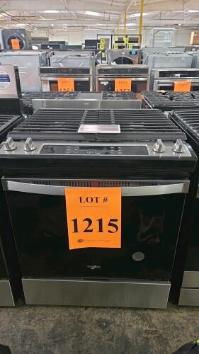 Whirlpool WEG515S0LS4 slide-in gas range, stainless steel, 5 burners, 5.0 cu. ft. oven, natural or LP gas, 120V 15A, touch and knob controls, self-clean, UL certified, model supports conversion to LP gas, serial RD4524305. RETAIL: $1649