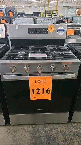 Whirlpool WFG350S0RS0 Freestanding Gas Range featuring a 5.0 cu. ft. oven capacity, dimensions of 29-7/8" W x 27-7/8" D x 47-7/8" H, weighing 173 lbs gross, with a stainless steel finish, direct spark ignition, 4 burners, 120V power requirements, electron