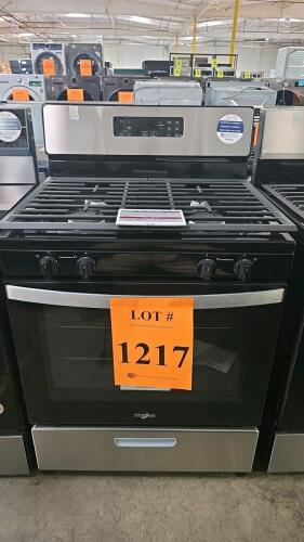 Whirlpool WFG320M0MS0 Freestanding Gas Range features a 5.1 cu. ft. oven capacity, 4 burners (Left Front: 15,000 BTU; Left Rear: 9,500 BTU; Right Front: 15,000 BTU; Right Rear: 5,000 BTU), electronic ignition, electronic touch oven controls, knob cooktop 