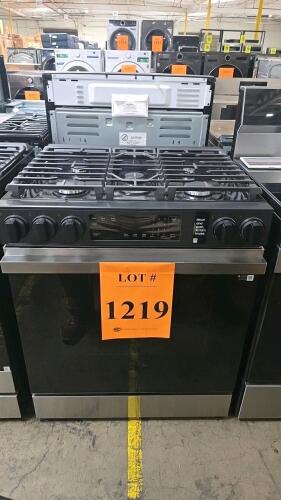 Samsung NSG6DG8100SRAA Gas Range, 5 Burner cooktop, 6.0 cu. ft. convection oven, stainless finish, natural gas or LP convertible, manufactured May 2024, 29.9 x 28.7 x 46.3 inches, self/steam cleaning, 220 lbs, features include Sabbath mode, warming drawer