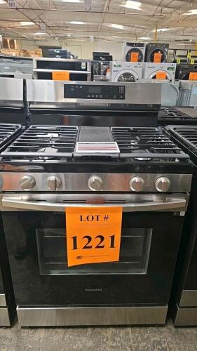 Samsung NX60A6111SS/AA Freestanding Gas Range featuring 5 burners, 6.0 cu. ft. oven capacity, Wi-Fi connectivity, integrated cast-iron griddle, edge-to-edge grates, storage drawer, auto oven light, kitchen timer, delay start, Sabbath mode, child safety lo