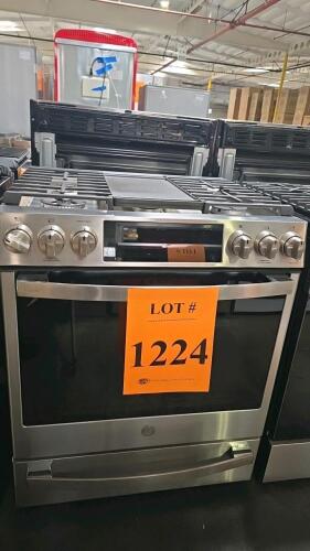 GE Profile 30" smart slide-in gas range featuring 5 burners, convection oven with no preheat air fry, integrated griddle, stainless steel finish, front-control knobs and touch panel, 5.6 cu. ft. oven capacity, self-clean and steam clean options, model PGS