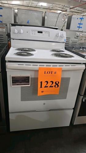 GE 30-inch electric range/oven (model JBS360DM1WW) featuring four coil burners, a 5.0 cu. ft. conventional oven, touchpad controls, and a removable full-width storage drawer. Color is white, Made in Mexico., RETAIL: $749Serial Number: VM261600P