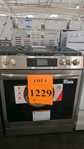 FRIGIDAIRE 30-inch slide-in gas range featuring an integrated air fry option, convection, self-cleaning, and powerful burners. Model GCFG3070BFB in black. Serial Number: VF52824611,