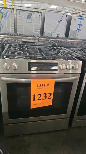 Frigidaire FCFG3083ASA 30" Gas Range featuring 5 sealed burners including an 18,000 BTU Quick Boil Burner, 5.1 cu. ft. oven capacity with Convection Bake, 3-hour self-cleaning cycle. Serial Number: VF40284191.