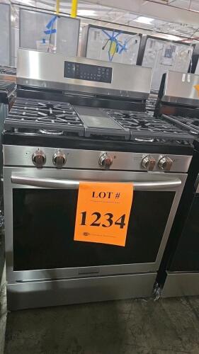Frigidaire GCRG3060BFA 30" freestanding gas range featuring 5 sealed burners, a 5.0 cu. ft. oven, Even Baking Technology, Store-More storage drawer, electronic kitchen timer, dimensions: 30 in x 25.75 in x 46.56 in, 120V 12A, manufactured April 11, 2019, 