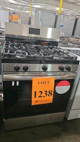 Frigidaire FCRG3052BSB 5-burner freestanding gas range with a 5.0 cu. ft. oven and stainless steel finish, featuring manual burner controls, electronic oven control, edge-to-edge grates, storage drawer, 120V power requirement, Serial No. VF40709090.