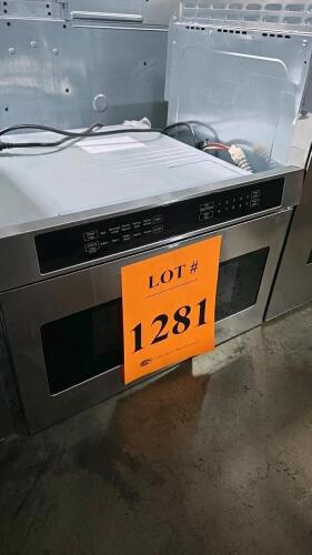 Bertazzoni MD24X 24" Microwave Drawer with 950W power output, 1.2 cu ft capacity, 11 power levels, Touch LCD Display, pre-set programs including defrost, popcorn, reheat, keep warm, sensor cooking, and child lock. Features a built-in drawer installation d