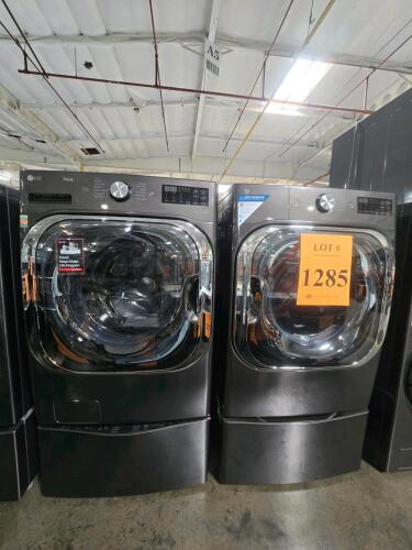 LG WM8900HBA 5.2 cu.ft. Front Load Washer and DLGX8901B 9.0 cu.ft. Gas Dryer set with matching WD200CB 1.0 cu.ft. SideKick Pedestal Washer and storage pedestal, black stainless finish, ENERGY STAR rated, ThinQ smart features, 14 wash/dry cycles, TurboWash