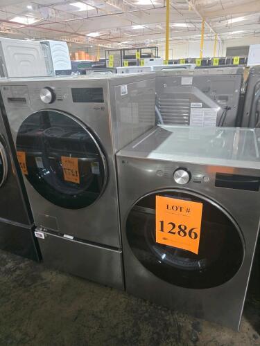 LG front-load laundry suite including 5.2 cu. ft. washer (WM5800HVA), 7.4 cu. ft. gas dryer (DLGX5801V), and 1), 1.0 cu. ft. SideKick pedestal washer (WD300CV), graphite steel finish, ENERGY STAR certified, Wi-Fi/SmartThinQ connectivity, TurboWash/Steam f
