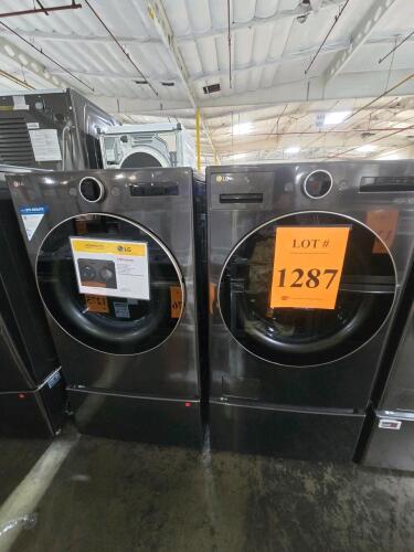 LG high-efficiency front-load washer and gas dryer set in black stainless steel, each mounted on storage pedestals. Both feature advanced digital controls, ENERGY STAR rating, and LG ThinQ smart connectivity. Accessories include two storage pedestals and 