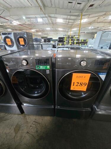 LG WM4000HBA 4.5 cu. ft. Ultra Large Capacity Front Load Washer and DLGX4001B 7.4 cu. ft. Gas Dryer, includes WD300CW 1.0 cu. ft. SideKick Pedestal Washer; black stainless steel finish, ThinQ Wi-Fi/app compatible, TurboWash 360&deg;, TurboSteam, Allergiene an