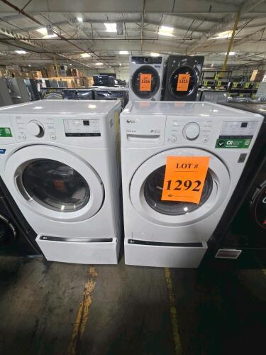 LG front load laundry pair including 4.5 cu.ft. washer (WM3400CW), 7.4 cu.ft. gas dryer (DLG3401W), with pedestal drawer (WDP6W) and LG Sidekick mini washer (WD300CW). Features include 6Motion wash, ColdWash, Sensor Dry, FlowSense duct indicator, Energy S