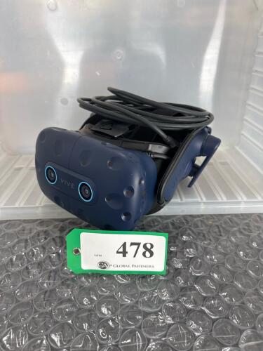 VIVE PRO EYE VR HEADSET KIT (MISSING (2) BASE STATION POWER ADAPTERS, (2) MOUNTING KITS, LINK BOX MOUNTING POD, (2) POWER ADAPTERS, (1) MICRO USB CABLE)