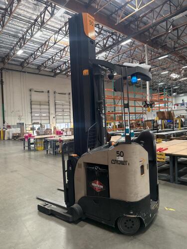 2017 CROWN RM6025-45 ELECTRIC STAND-UP REACH TRUCK WITH SIDE SHIFTER, 4,500 LBS CAPACITY, 36 VOLTS, 42&rdquo; FORKS, APPROX. MAST LOWERED: 140&rdquo;, Hrs: 13,244 SERIAL: 1A493656, UNIT #50 (GROUND LEVEL REMOVAL ONLY)