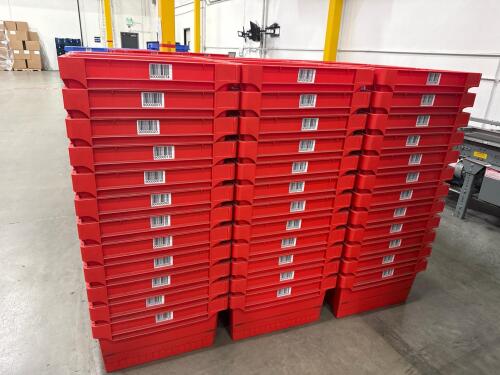 LOT (192) RED STACKABLE INDUSTRIAL PLASTIC TOTES, APPROX. 23.5 L x 15.5&rdquo; W x 11 3/4&rdquo; H